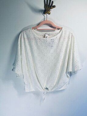 Caution To The Wind White Eyelet Tie-Front Blouse Small